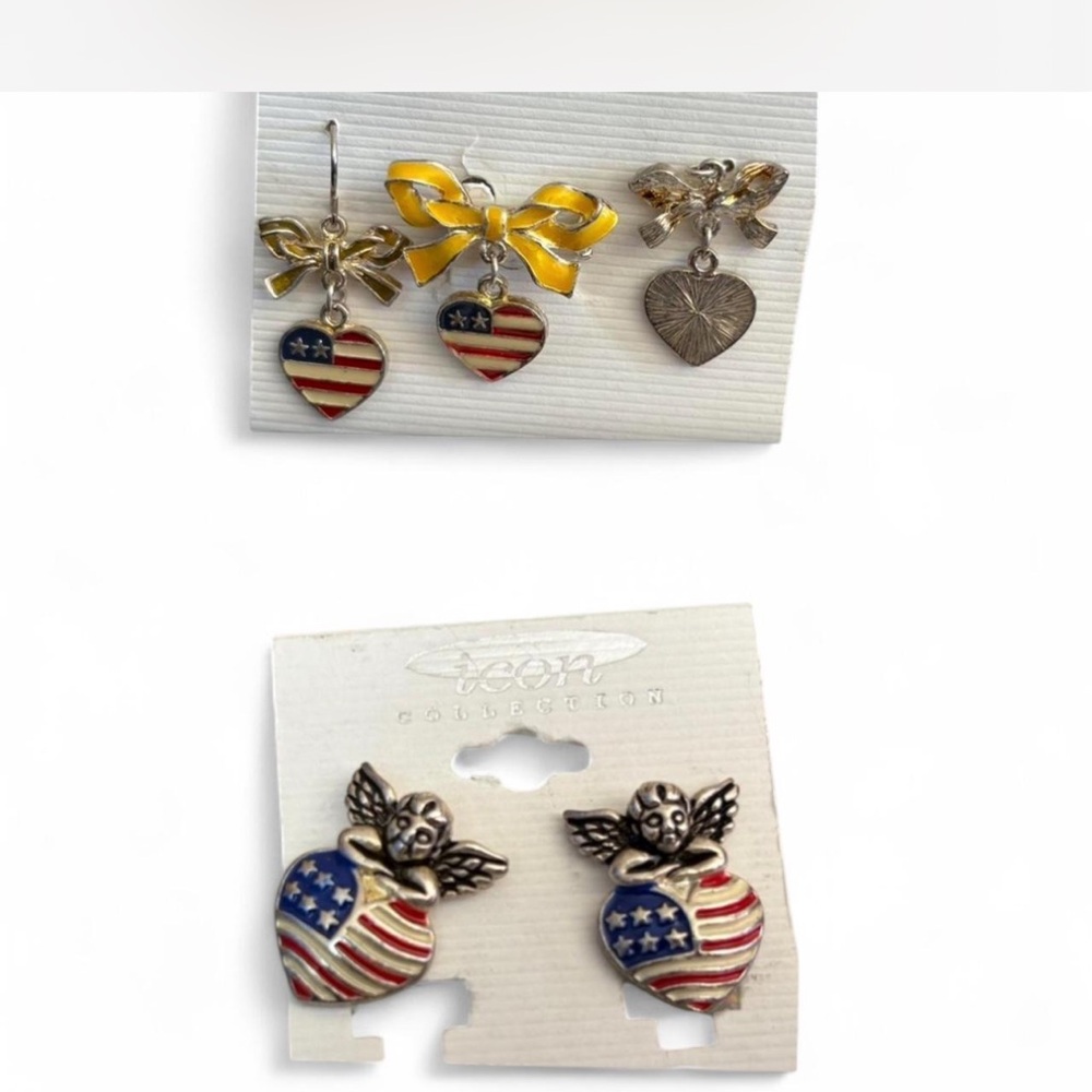 Set of two earrings and brooch Heart and Angel  with American Flag Design